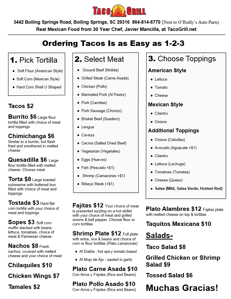 Menu Taco Grill